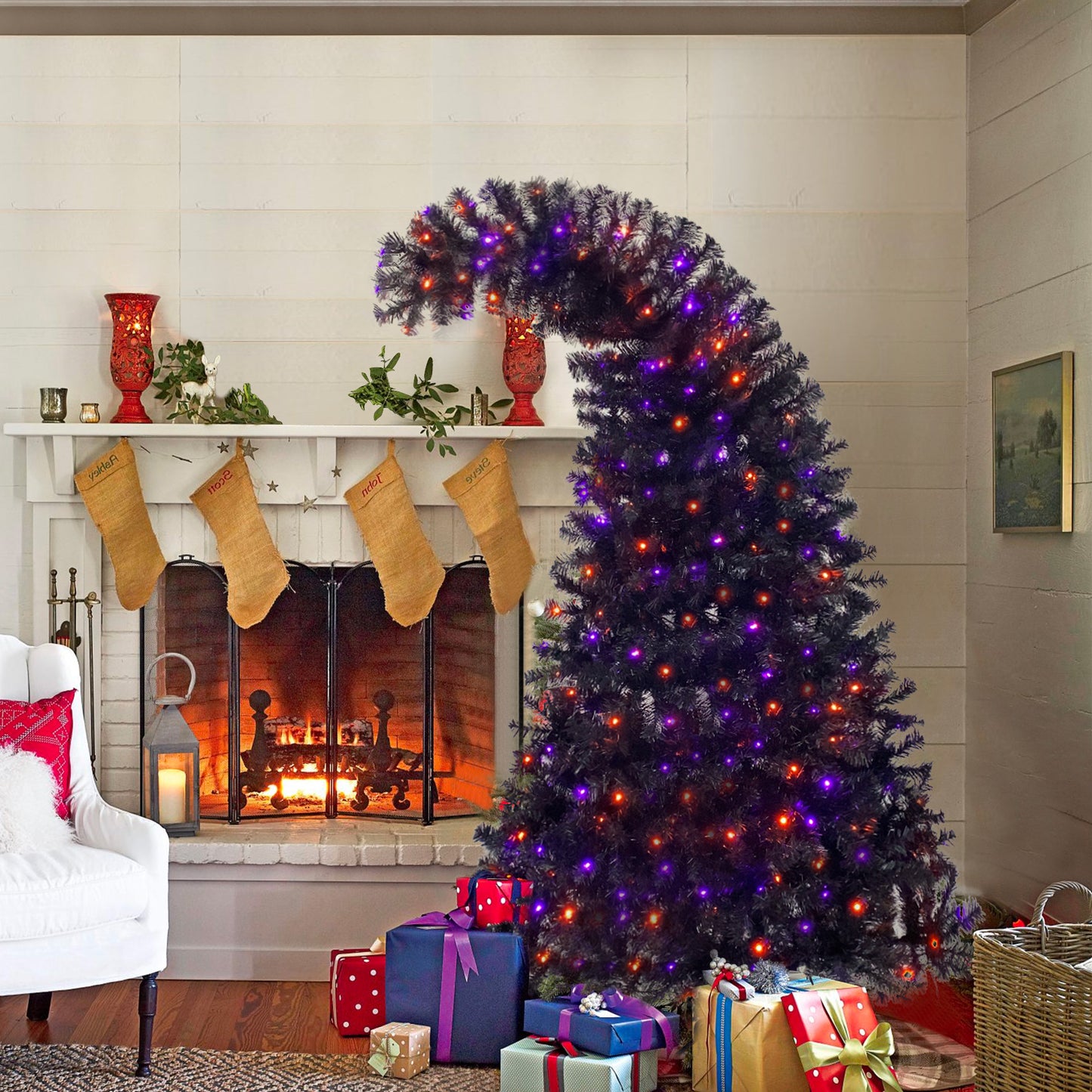 6FT Artificial Fir Bent Top Halloween Christmas Tree, Xmas Tree Bendable Grinch Style w/1,080 Lush Branch Tips, 300 LED Lights X-mas Halloween Style
