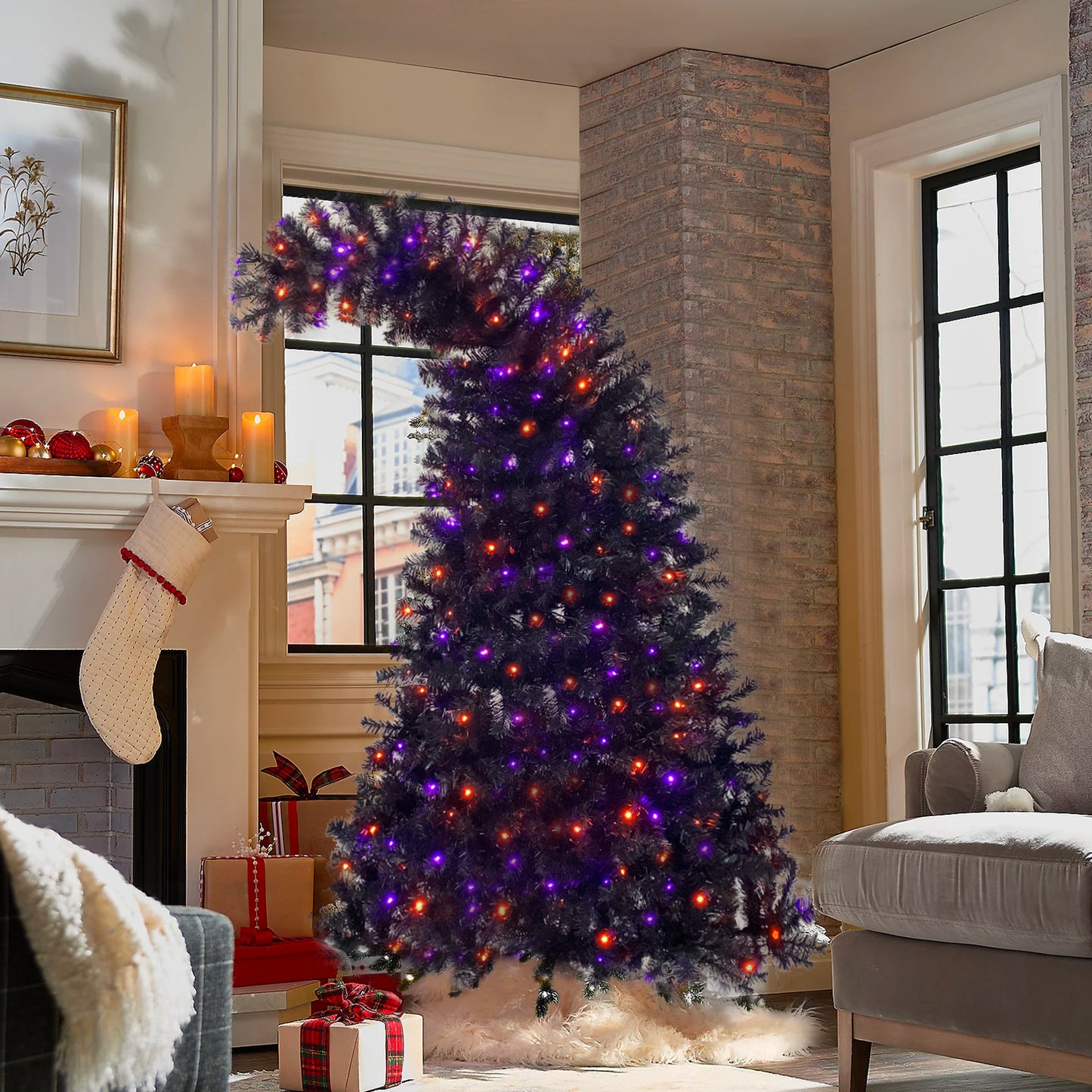 6FT Artificial Fir Bent Top Halloween Christmas Tree, Xmas Tree Bendable Grinch Style w/1,080 Lush Branch Tips, 300 LED Lights X-mas Halloween Style