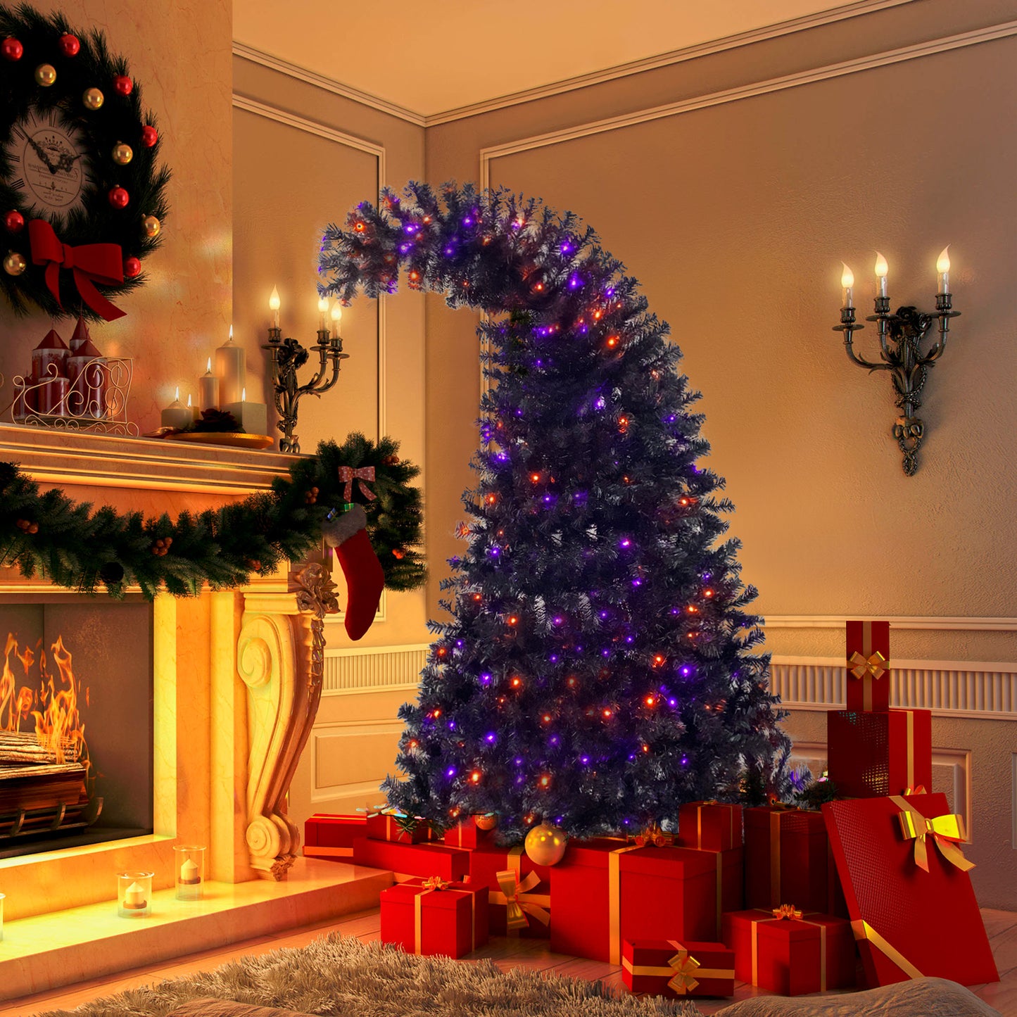 6FT Artificial Fir Bent Top Halloween Christmas Tree, Xmas Tree Bendable Grinch Style w/1,080 Lush Branch Tips, 300 LED Lights X-mas Halloween Style