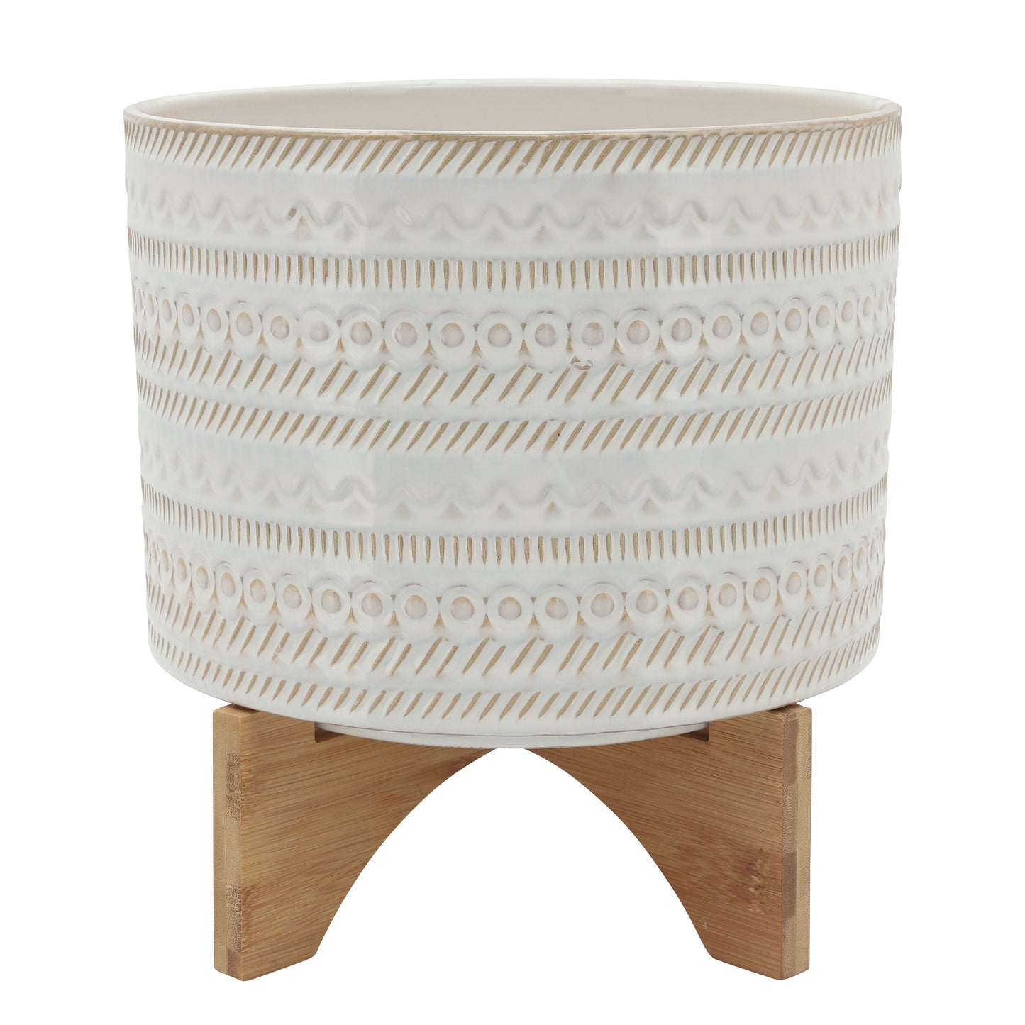 10" Tribal Planter with Wood Stand, Beige