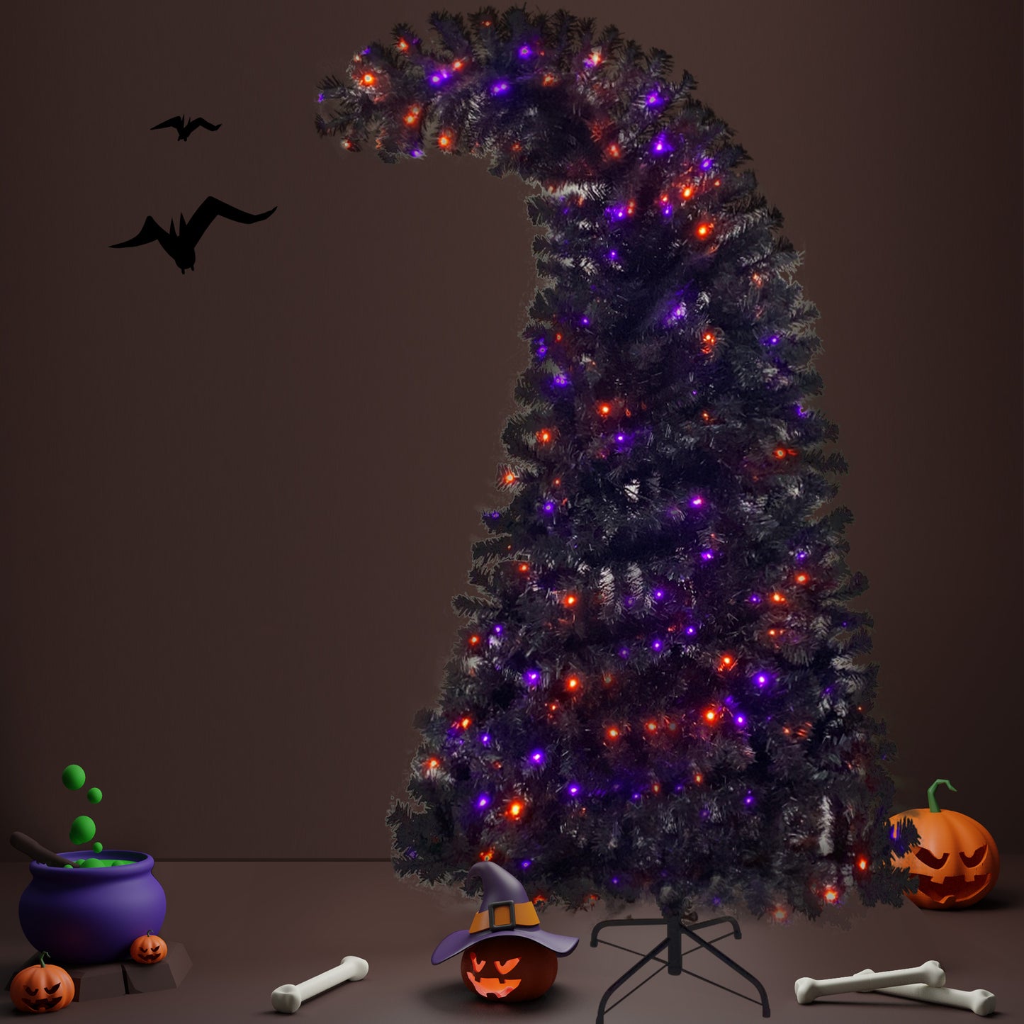 6FT Artificial Fir Bent Top Halloween Christmas Tree, Xmas Tree Bendable Grinch Style w/1,080 Lush Branch Tips, 300 LED Lights X-mas Halloween Style