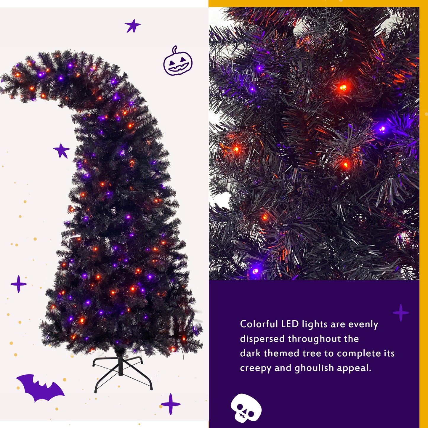 6FT Artificial Fir Bent Top Halloween Christmas Tree, Xmas Tree Bendable Grinch Style w/1,080 Lush Branch Tips, 300 LED Lights X-mas Halloween Style