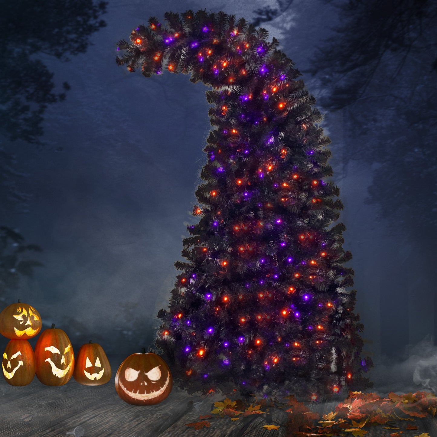 6FT Artificial Fir Bent Top Halloween Christmas Tree, Xmas Tree Bendable Grinch Style w/1,080 Lush Branch Tips, 300 LED Lights X-mas Halloween Style
