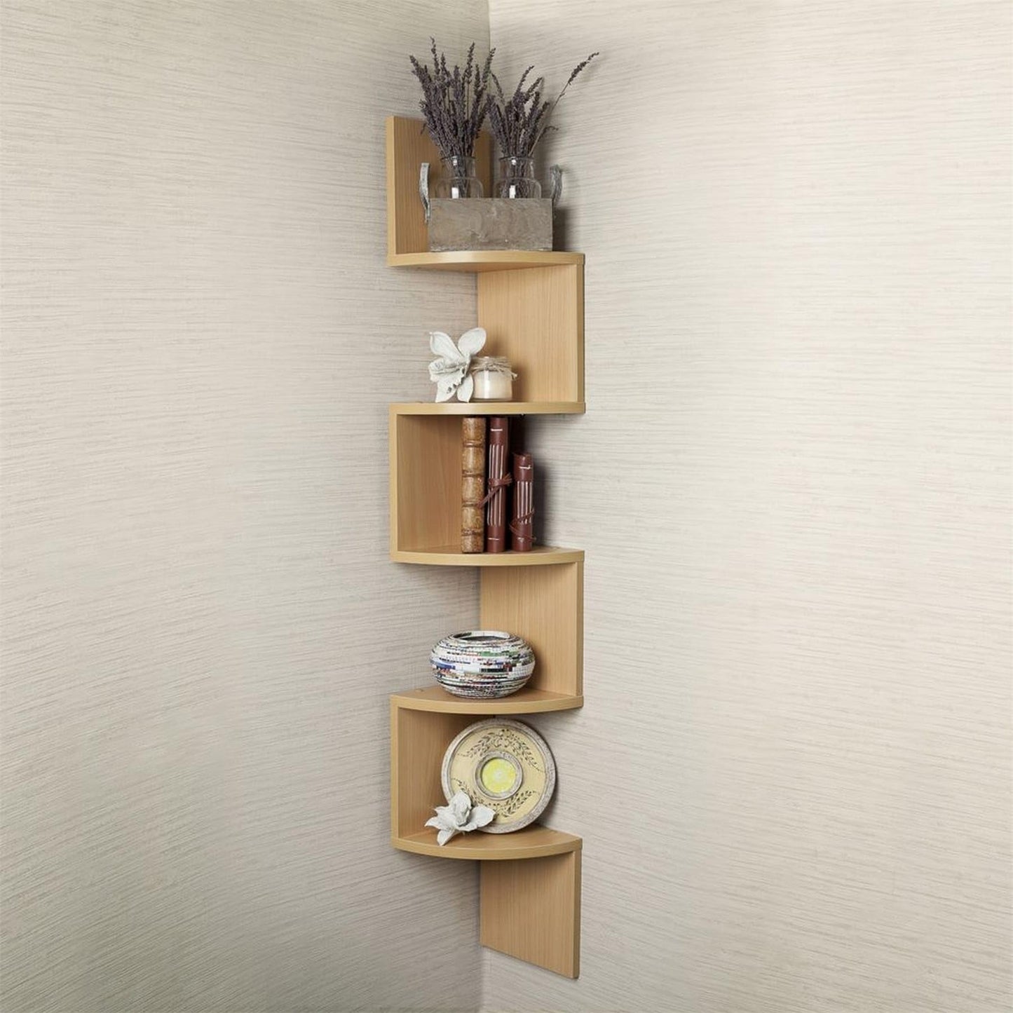Large Laminated Beech Veneer Corner Wall Mount Shelf Natural Brown Modern Contemporary Wood