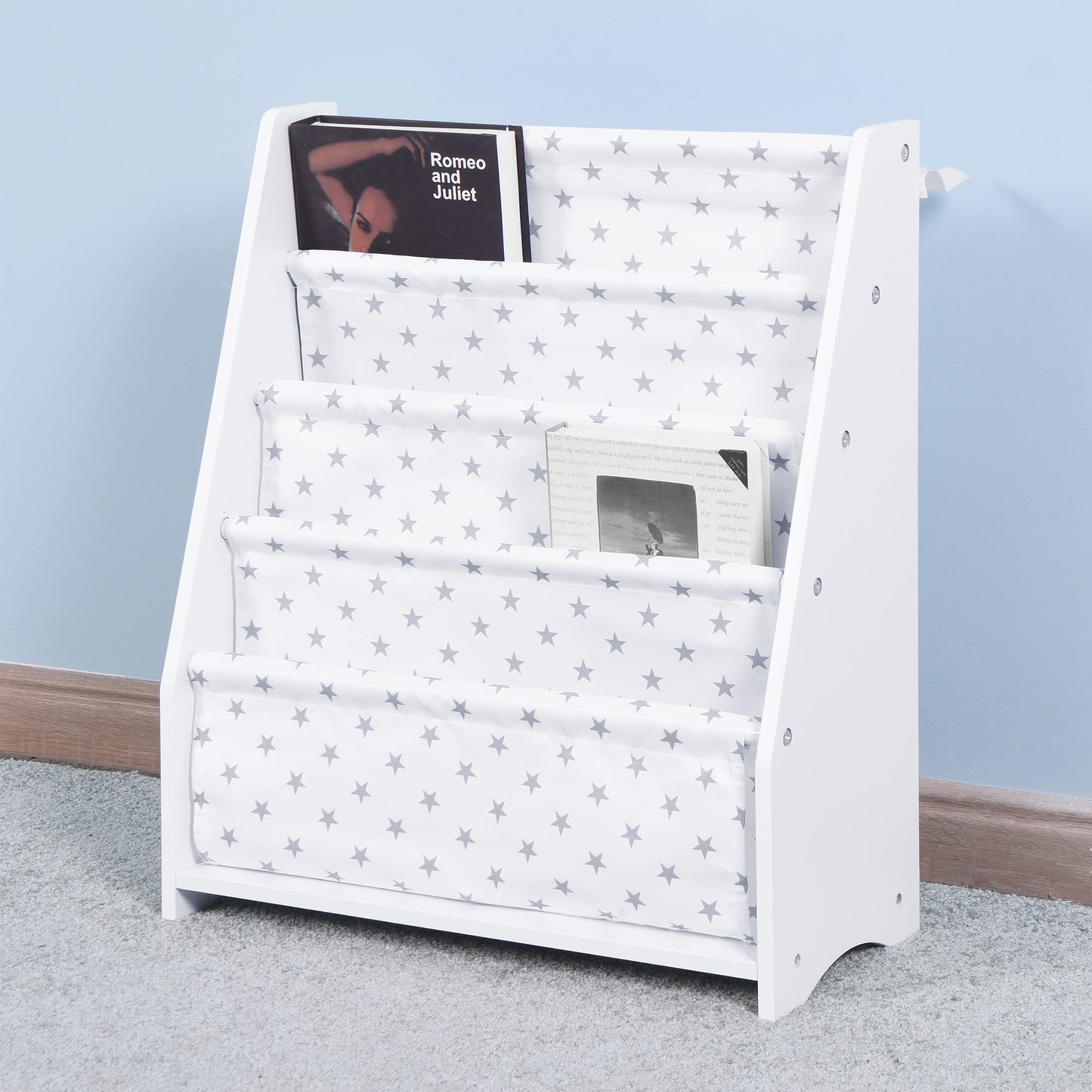 Wooden Sling Shelf Bookcase for Kids - White and Star Pattern Fabric, 4-Tier Rack Storage Bookshelf, Small Kids Bookshelf