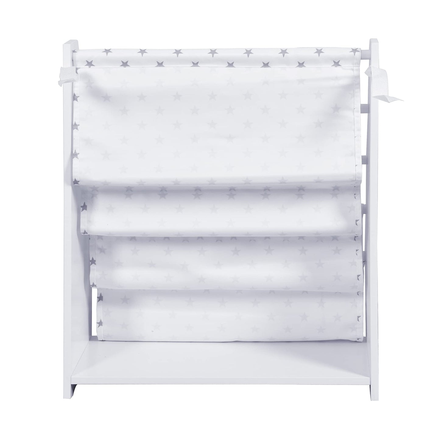 Wooden Sling Shelf Bookcase for Kids - White and Star Pattern Fabric, 4-Tier Rack Storage Bookshelf, Small Kids Bookshelf