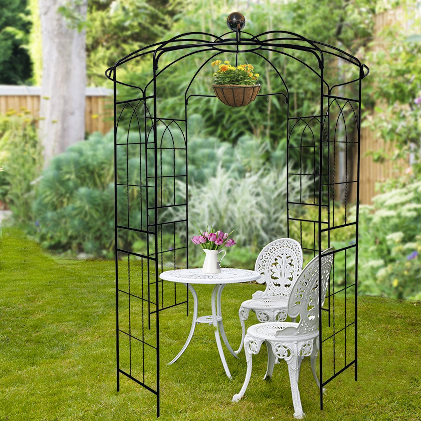 Metal Garden Arch Iron Garden Arbors Gazebo Dia81.3'' x 114.2'' High Birdcage Shape Pergola Pavilion for Wedding Ceremony Outdoor Black
