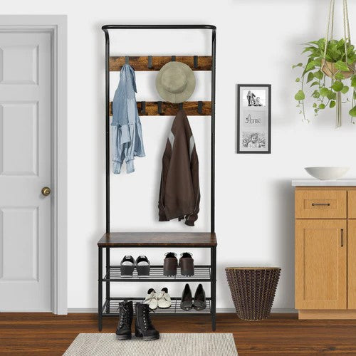 Modern entryway hall tree with hooks, shoe rack and bench.