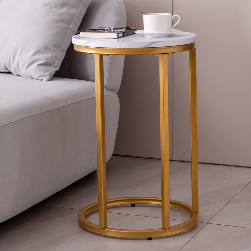 Modern C-Shaped end/Side Table,Golden Metal Frame with Round Marble Color top-15.75” Sofa End Table for Living Room Home Office