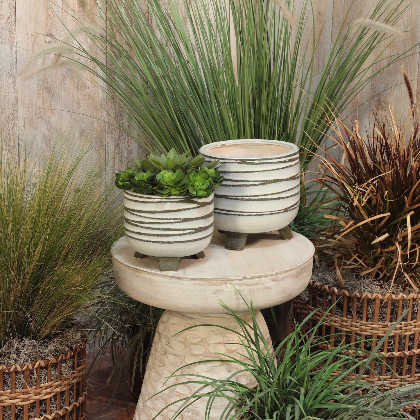 2 Pcs Ceramic Footed Planter, 6"/8"
