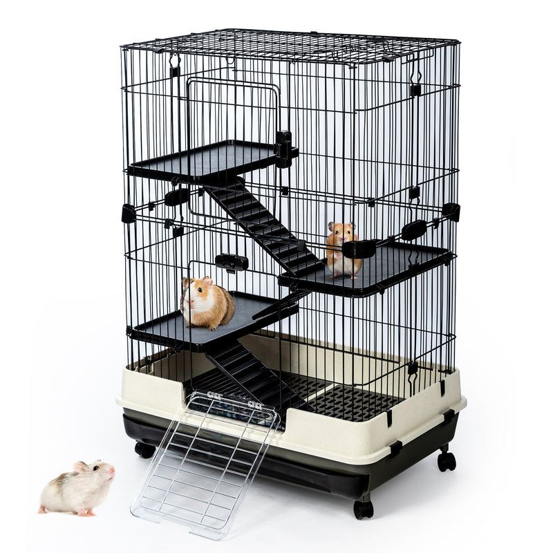 4-Tier 32"Small Animal Metal Cage Height Adjustable with Lockable Casters Grilles Pull-out Tray