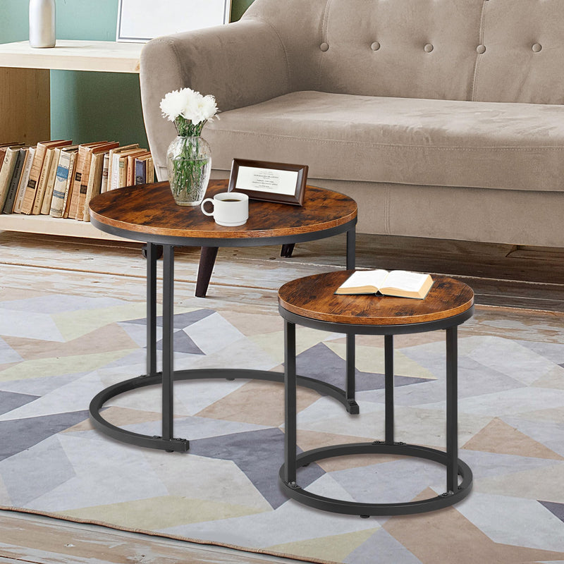 Industrial Round Coffee Tables Set of 2, Nesting Side End Table w/Wooden Surface Top and Sturdy Metal Legs