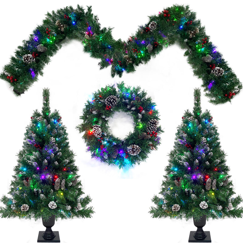 Pre-lit Xmas Tree Artificial Christmas 4-Piece Set,Garland, Wreath and Set of 2 Entrance Trees X-mas