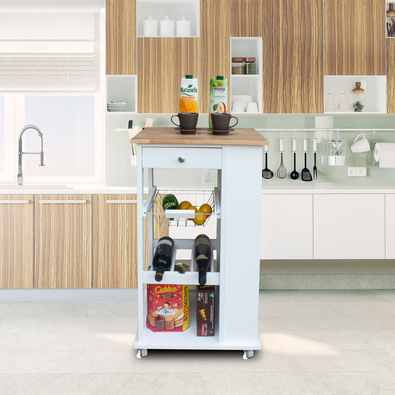 Mobile Kitchen Island with Two Lockable Wheels, Rubber Wood Top, Black Color