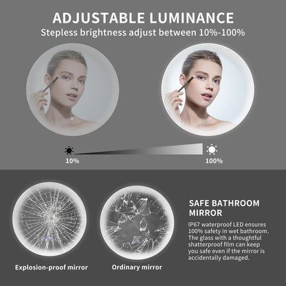 24" LED Lighted Bathroom Vanity Mirror Dimmable Anti-Fog Wall Mounted Round Makeup Mirror with Light for Wall