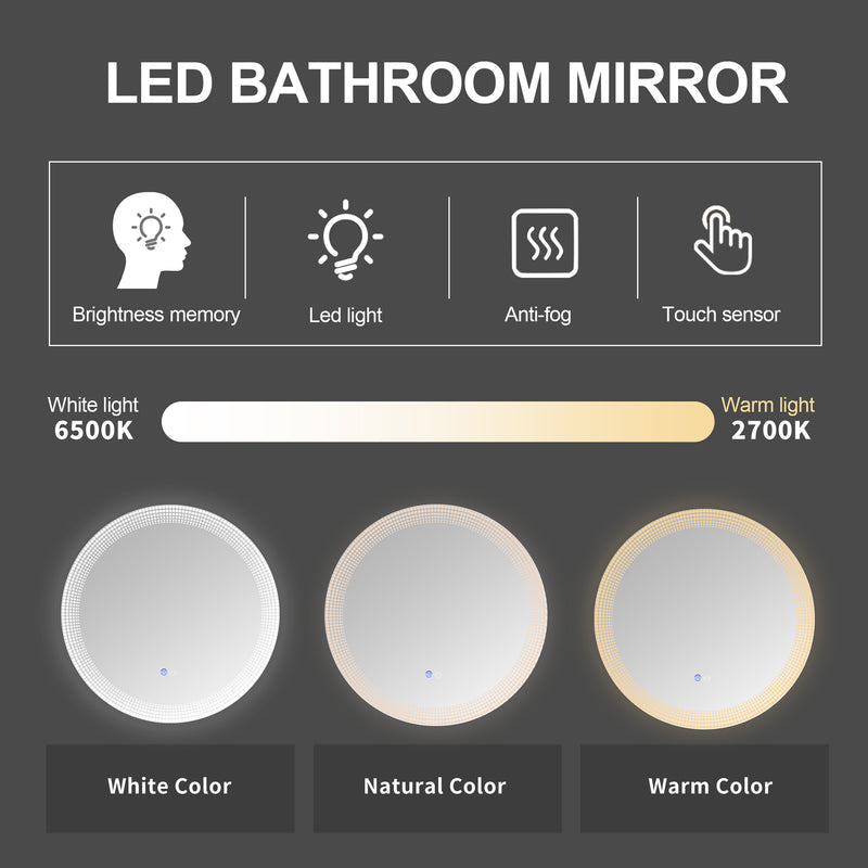 24" LED Lighted Bathroom Vanity Mirror Dimmable Anti-Fog Wall Mounted Round Makeup Mirror with Light for Wall