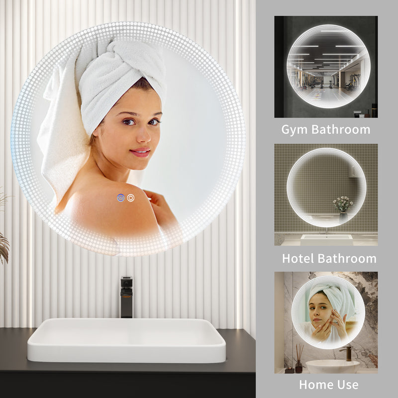 24" LED Lighted Bathroom Vanity Mirror Dimmable Anti-Fog Wall Mounted Round Makeup Mirror with Light for Wall