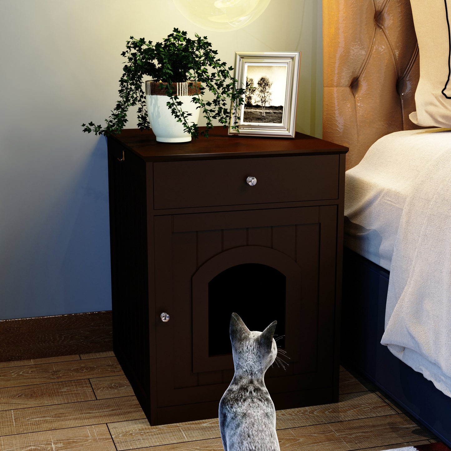 Smart Fendee Cat Litter Box Furniture, Adorable Wooden Pet House Cat Litter Box Enclosure with Drawer, Side Table, Indoor Pet Crate, Cat Home Nightstand, Easy to Clean
