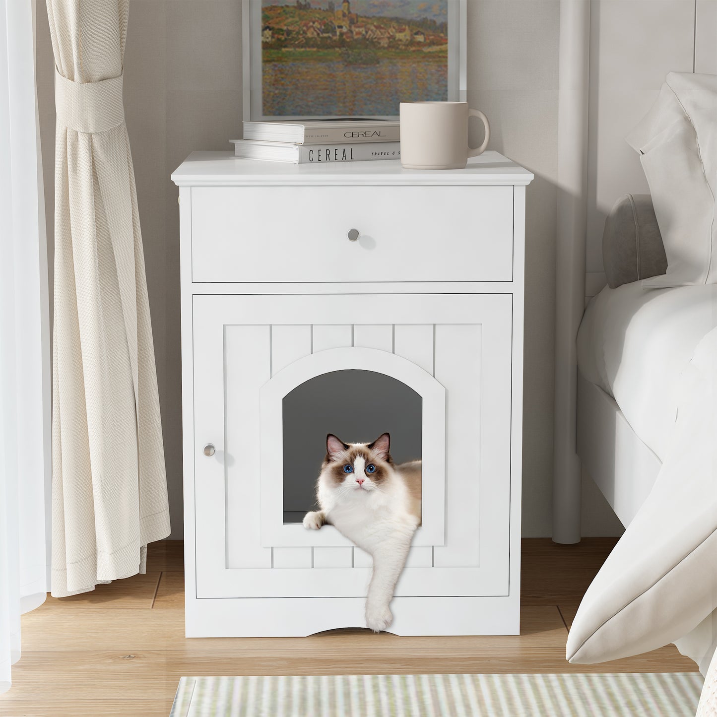 Smart Fendee Cat Litter Box Furniture, Adorable Wooden Pet House Cat Litter Box Enclosure with Drawer, Side Table, Indoor Pet Crate, Cat Home Nightstand, Easy to Clean