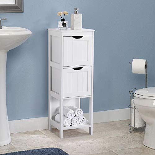 Bathroom Floor Cabinet, Wooden Storage Cabinet with 2 Drawers, Multifunctional Side Organizer Rack Stand Table, White