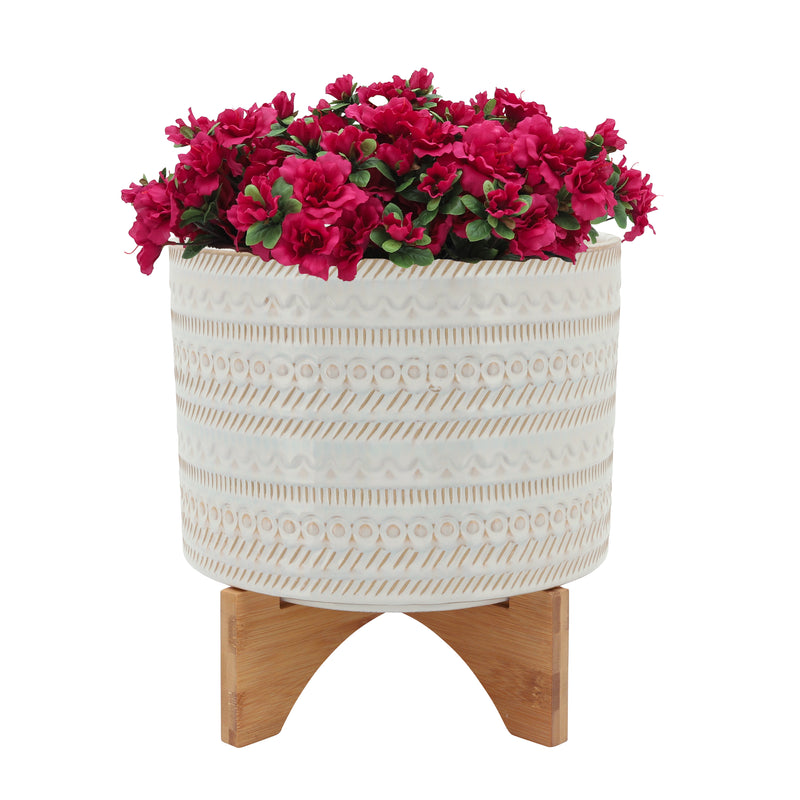 10" Tribal Planter with Wood Stand, Beige