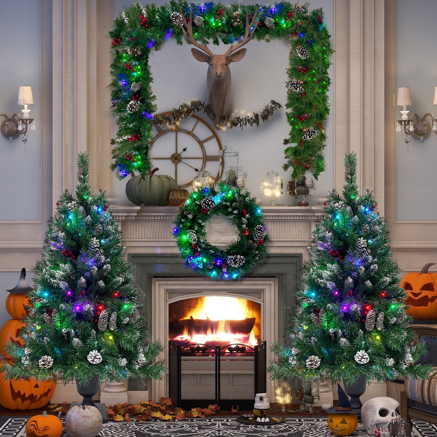 Pre-lit Xmas Tree Artificial Christmas 4-Piece Set,Garland, Wreath and Set of 2 Entrance Trees X-mas