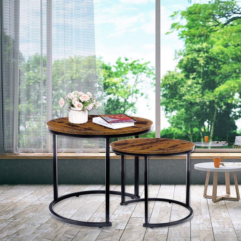 Industrial Round Coffee Tables Set of 2, Nesting Side End Table w/Wooden Surface Top and Sturdy Metal Legs