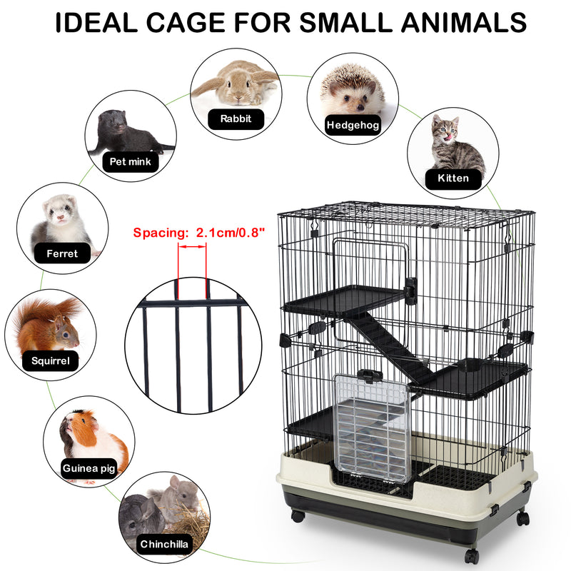 4-Tier 32"Small Animal Metal Cage Height Adjustable with Lockable Casters Grilles Pull-out Tray