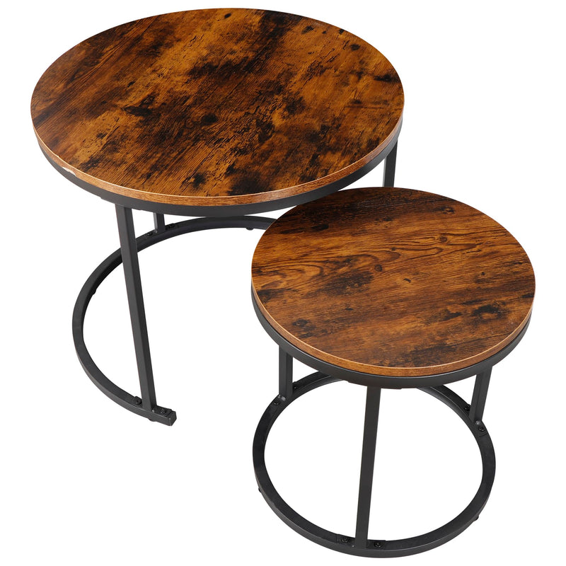 Industrial Round Coffee Tables Set of 2, Nesting Side End Table w/Wooden Surface Top and Sturdy Metal Legs