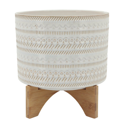 10" Tribal Planter with Wood Stand, Beige