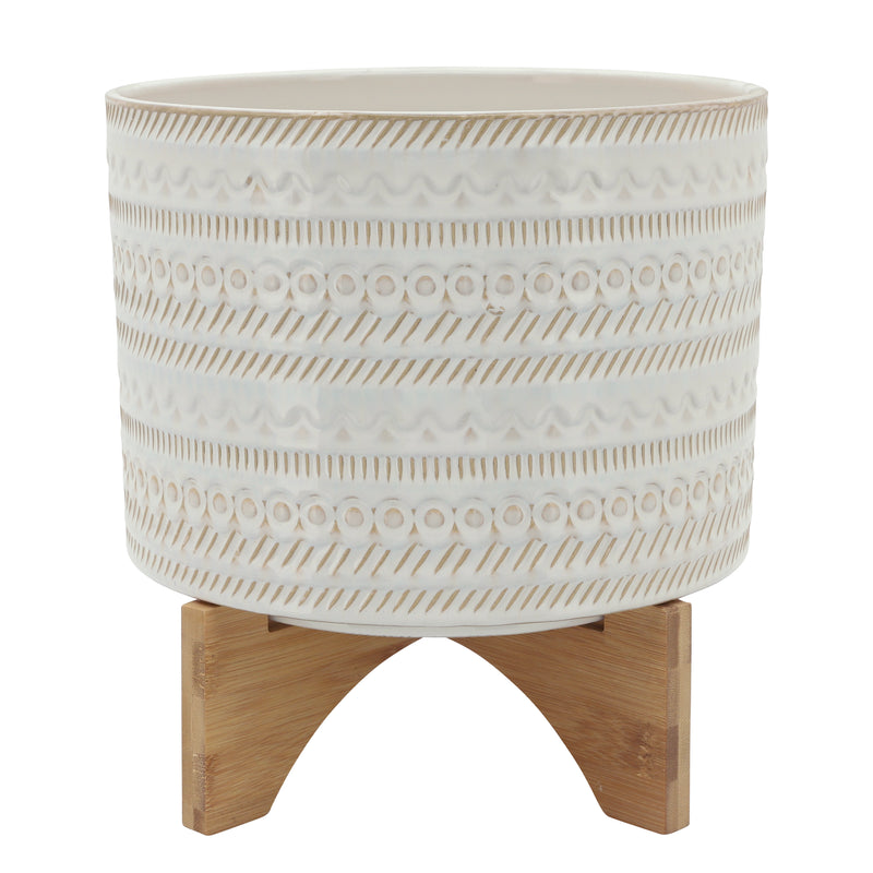 10" Tribal Planter with Wood Stand, Beige