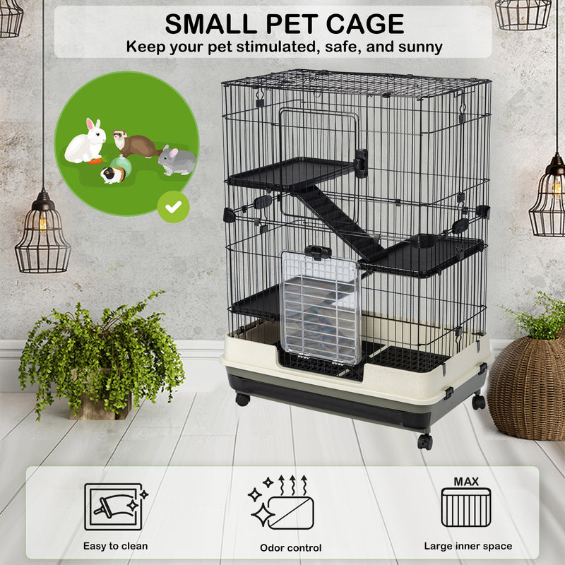 4-Tier 32"Small Animal Metal Cage Height Adjustable with Lockable Casters Grilles Pull-out Tray