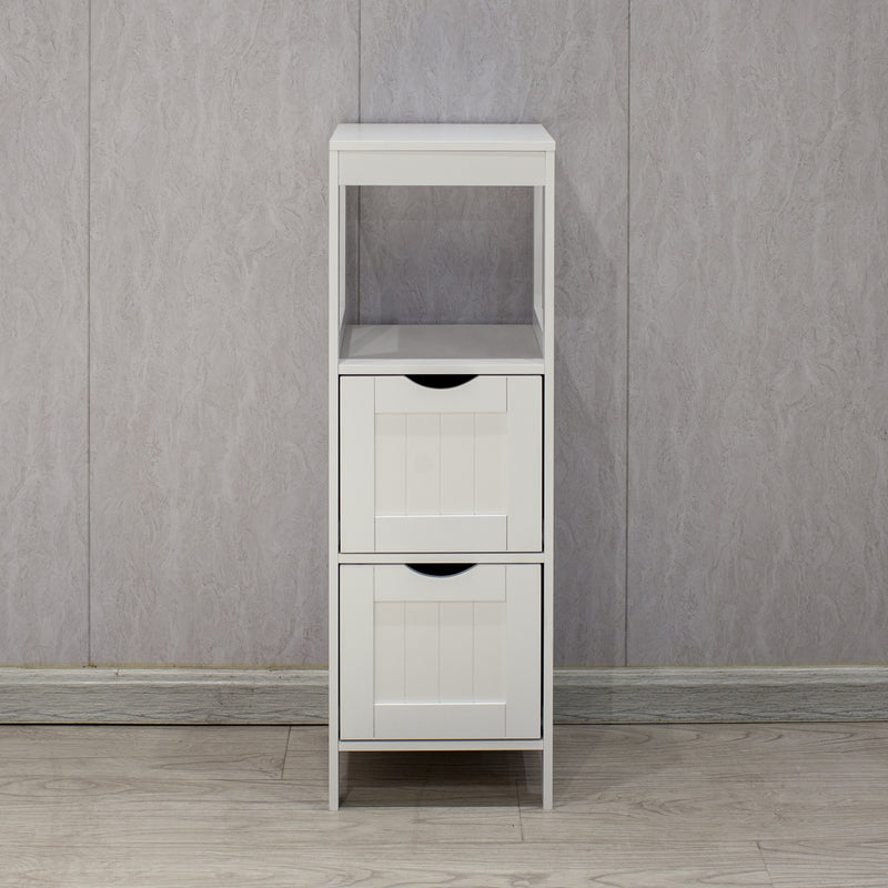 Bathroom Floor Cabinet, Wooden Storage Cabinet with 2 Drawers, Multifunctional Side Organizer Rack Stand Table, White