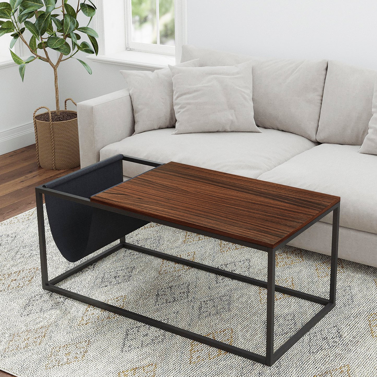 Indoor Walnut Sofa Table with Metal Frame and Canvas Hanger
