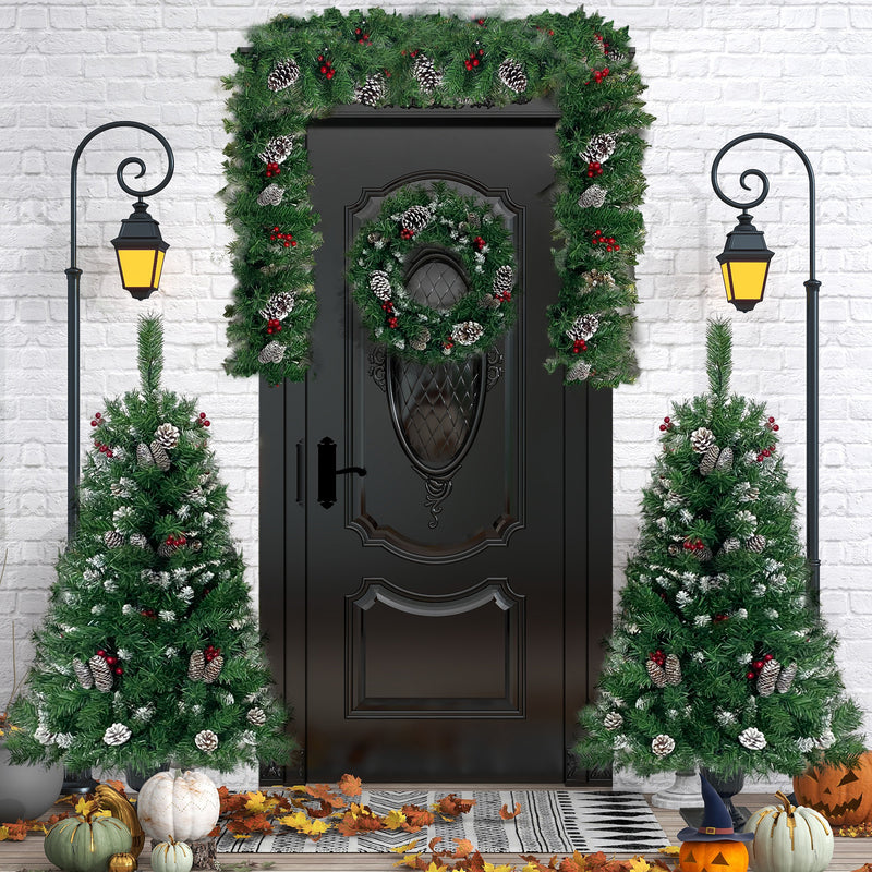 Pre-lit Xmas Tree Artificial Christmas 4-Piece Set,Garland, Wreath and Set of 2 Entrance Trees X-mas