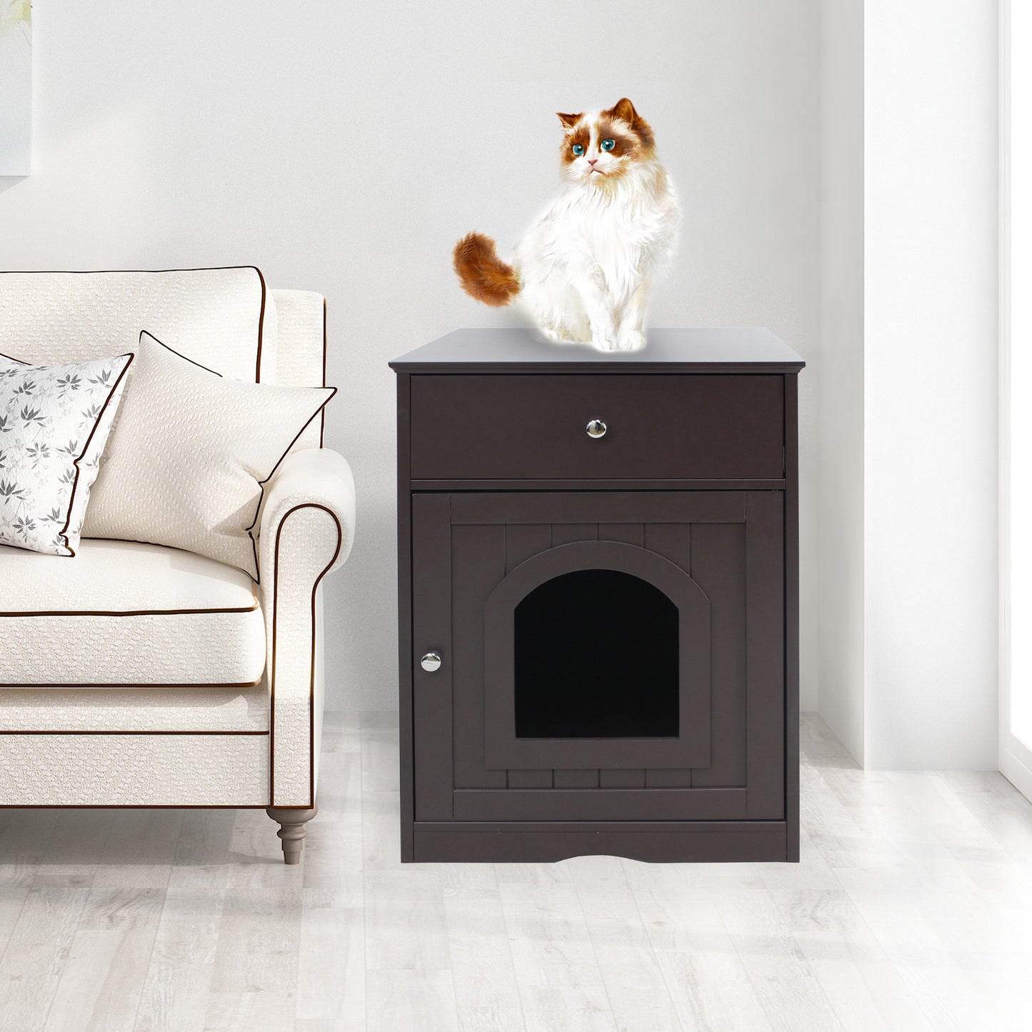 Smart Fendee Cat Litter Box Furniture, Adorable Wooden Pet House Cat Litter Box Enclosure with Drawer, Side Table, Indoor Pet Crate, Cat Home Nightstand, Easy to Clean