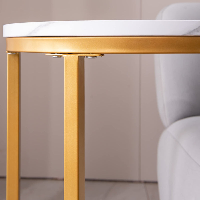 Modern C-Shaped end/Side Table,Golden Metal Frame with Round Marble Color top-15.75” Sofa End Table for Living Room Home Office