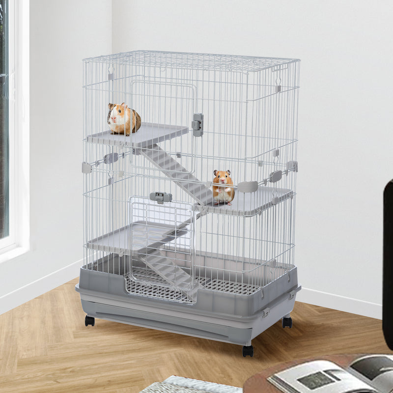 4-Tier 32"Small Animal Metal Cage Height Adjustable with Lockable Casters Grilles Pull-out Tray