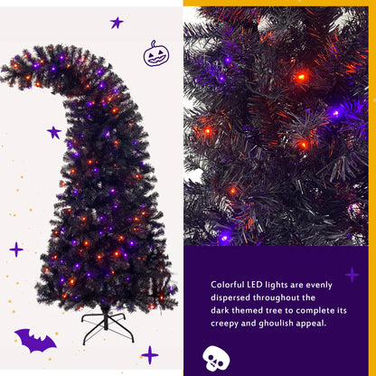 6FT Artificial Fir Bent Top Halloween Christmas Tree, Xmas Tree Bendable Grinch Style w/1,080 Lush Branch Tips, 300 LED Lights X-mas Halloween Style
