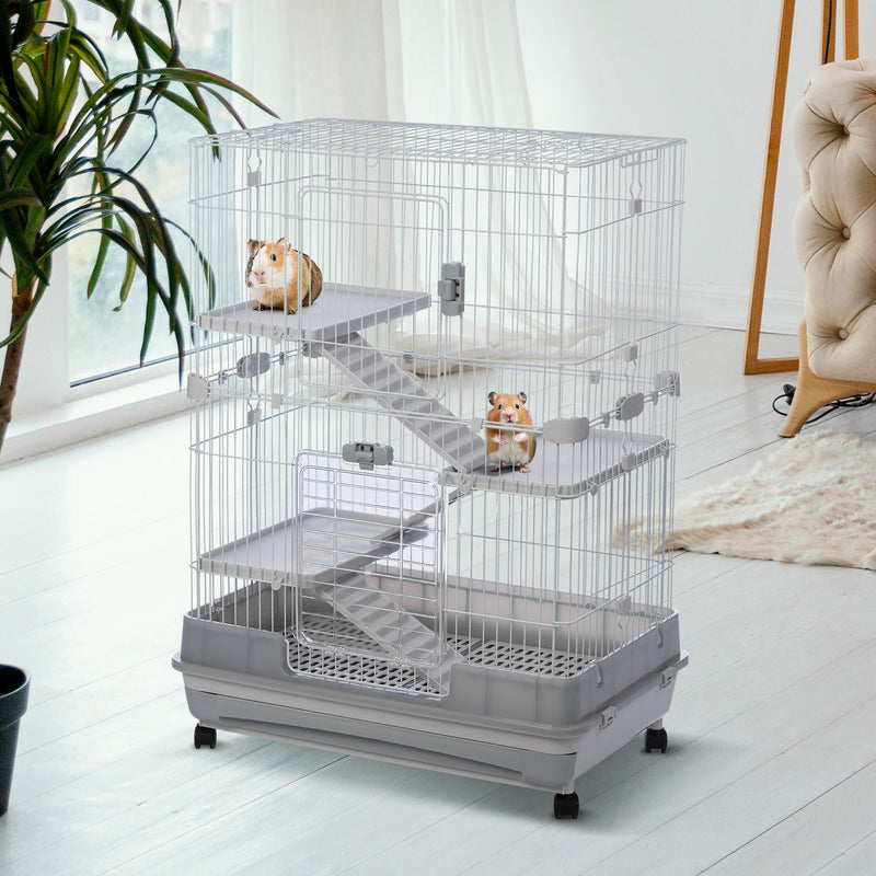 4-Tier 32"Small Animal Metal Cage Height Adjustable with Lockable Casters Grilles Pull-out Tray