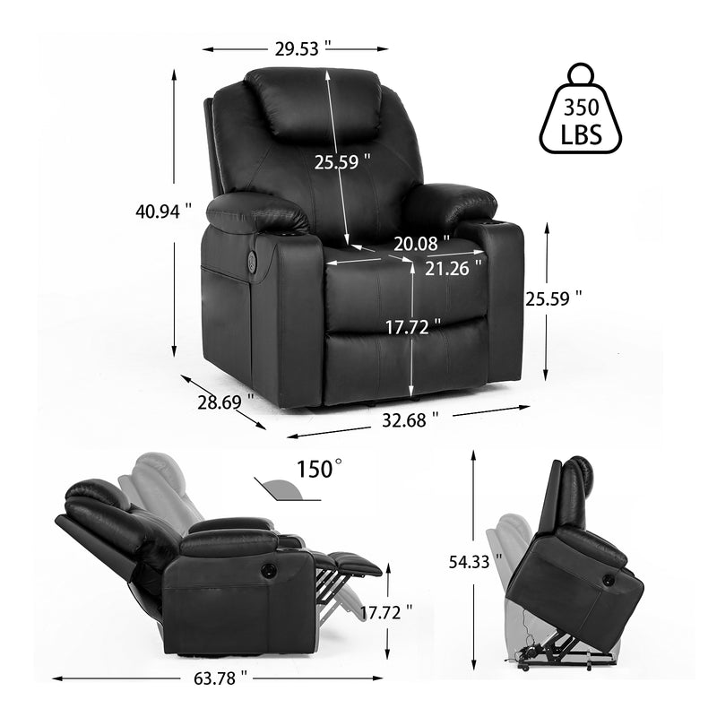Brown Premium Power Recliner with 2 Cup Holders with Lift Function, 8-Point Massage & Heating, usb Charging