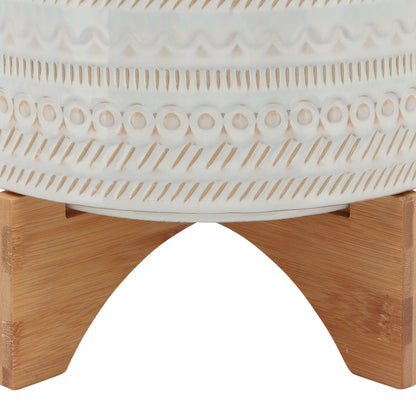 10" Tribal Planter with Wood Stand, Beige