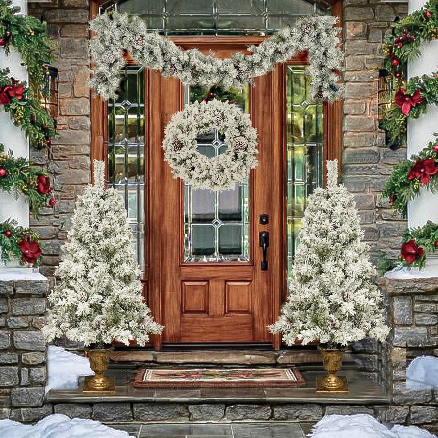 Pre-lit Xmas Tree Artificial Christmas 4-Piece Set,Garland, Wreath and Set of 2 Entrance Trees X-mas