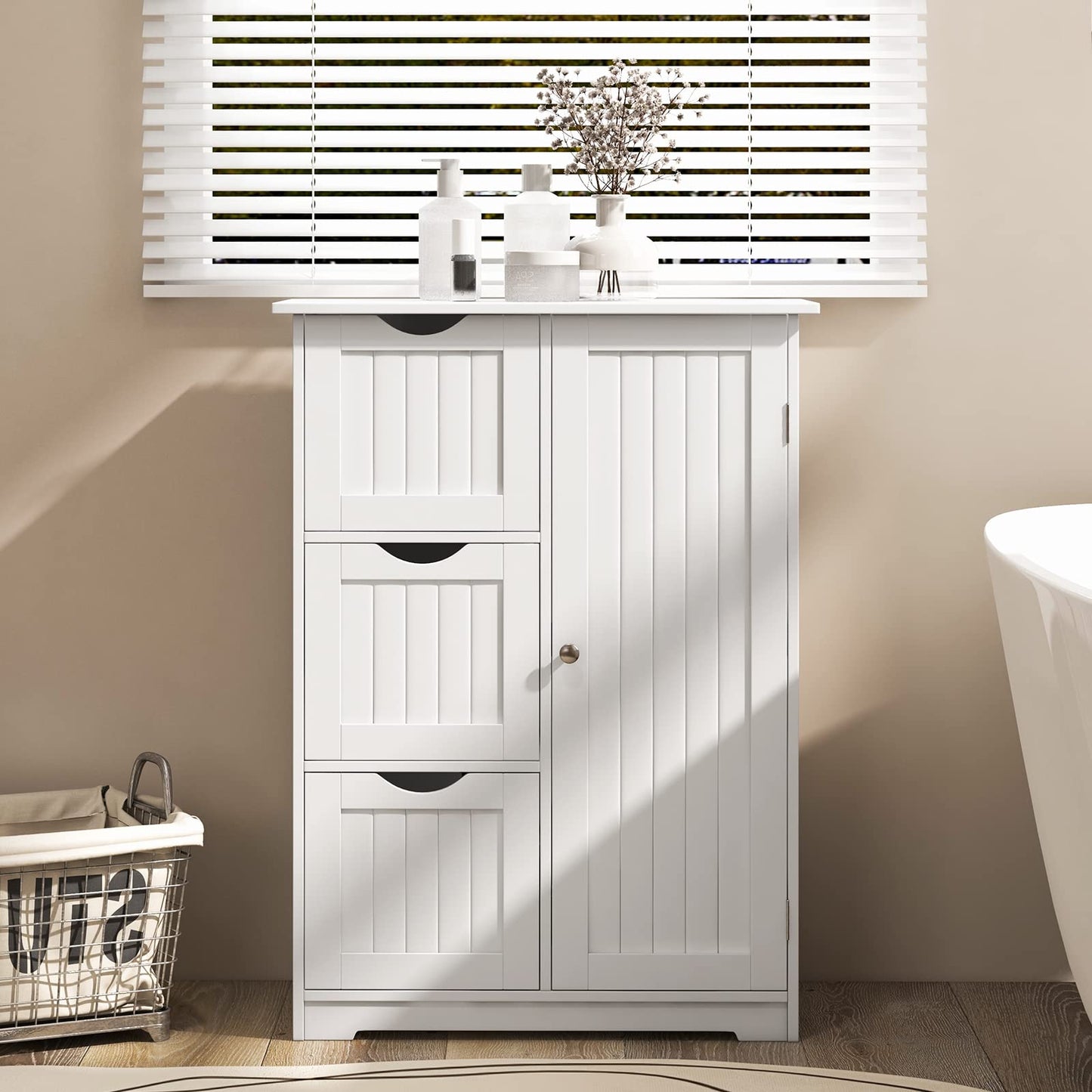 Bathroom Floor Cabinet, Freestanding Side Storage Cabinet w/ 3 Drawers & 1 Cupboard, 1 Adjustable Shelf, 23.6"*11.8"*31.5"