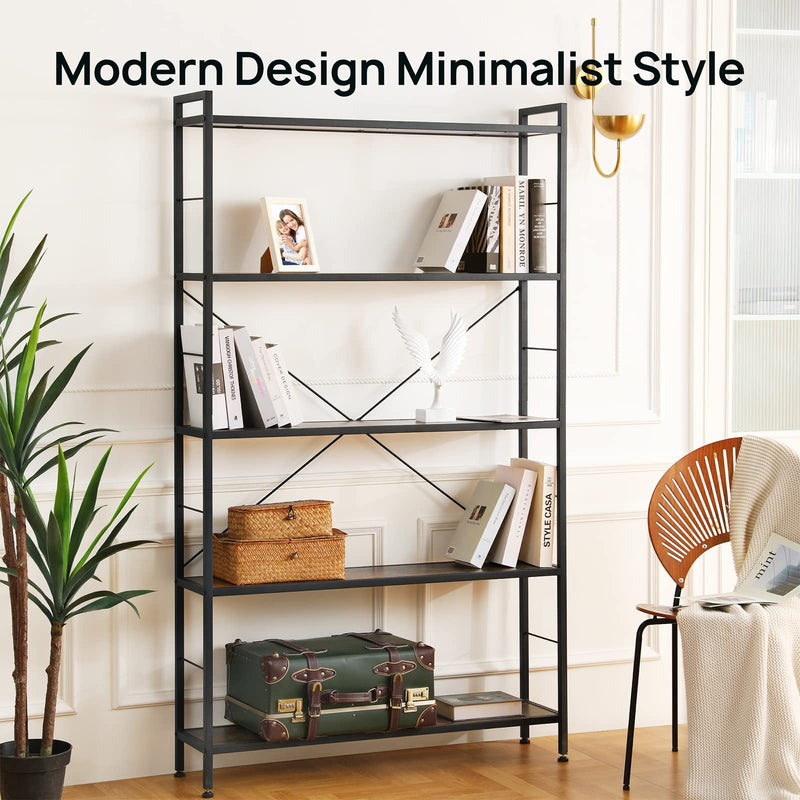 5 Tier Bookshelf, Modern Freestanding Tall Bookcase with Steel Frame, Industrial Wood Book Shelf