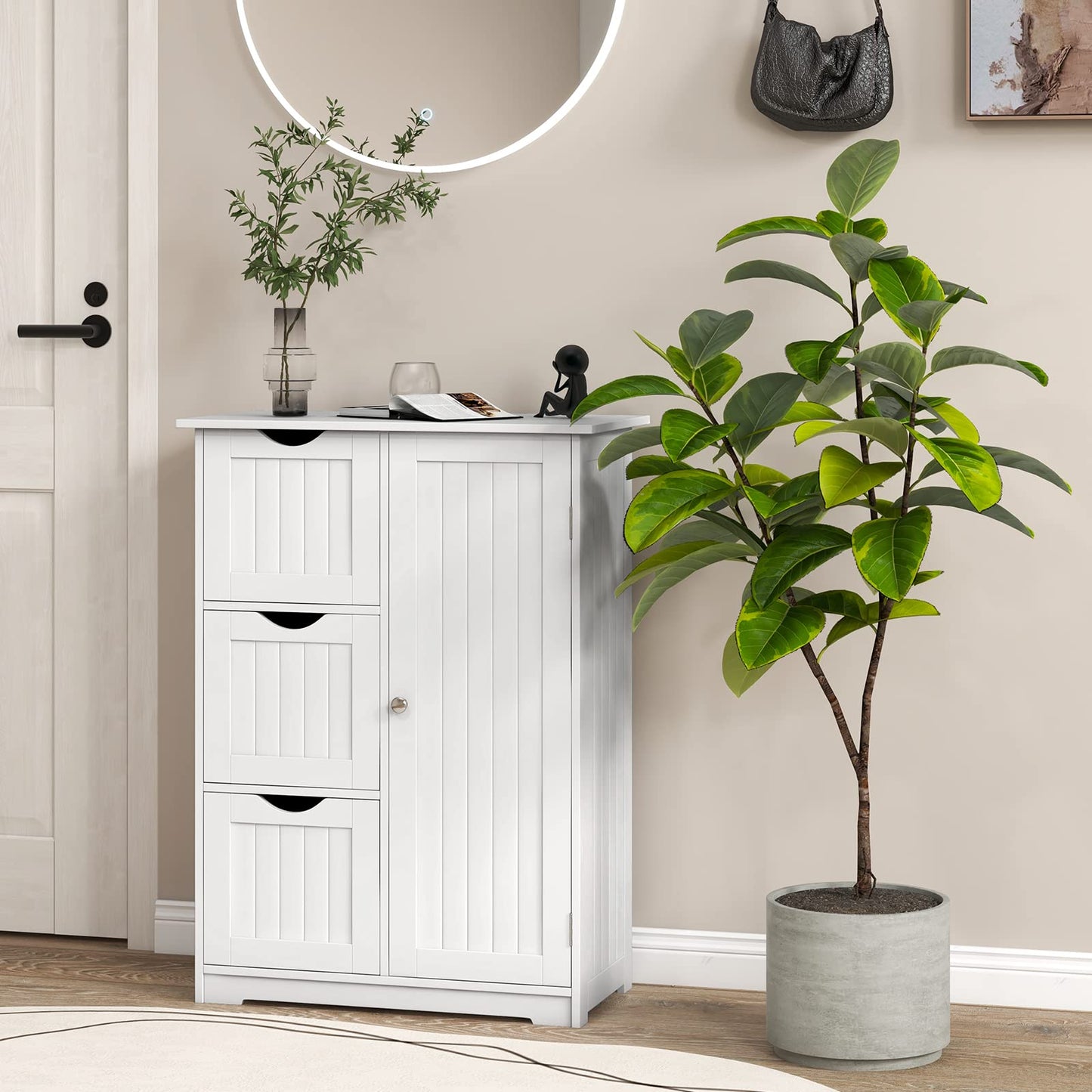 Bathroom Floor Cabinet, Freestanding Side Storage Cabinet w/ 3 Drawers & 1 Cupboard, 1 Adjustable Shelf, 23.6"*11.8"*31.5"