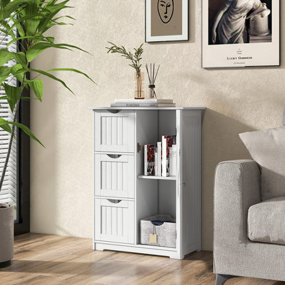 Bathroom Floor Cabinet, Freestanding Side Storage Cabinet w/ 3 Drawers & 1 Cupboard, 1 Adjustable Shelf, 23.6"*11.8"*31.5"