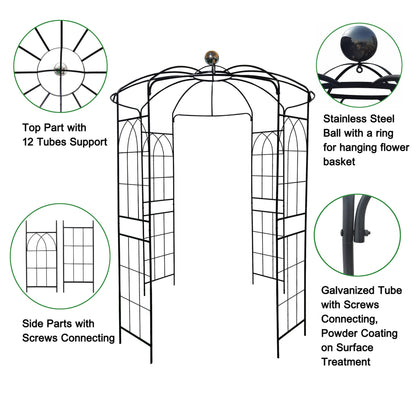 Metal Garden Arch Iron Garden Arbors Gazebo Dia81.3'' x 114.2'' High Birdcage Shape Pergola Pavilion for Wedding Ceremony Outdoor Black