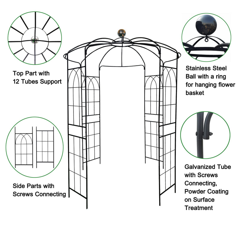 Metal Garden Arch Iron Garden Arbors Gazebo Dia81.3'' x 114.2'' High Birdcage Shape Pergola Pavilion for Wedding Ceremony Outdoor Black