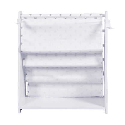 Wooden Sling Shelf Bookcase for Kids - White and Star Pattern Fabric, 4-Tier Rack Storage Bookshelf, Small Kids Bookshelf